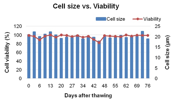 Size of cells and viability of HS578T cells over time.