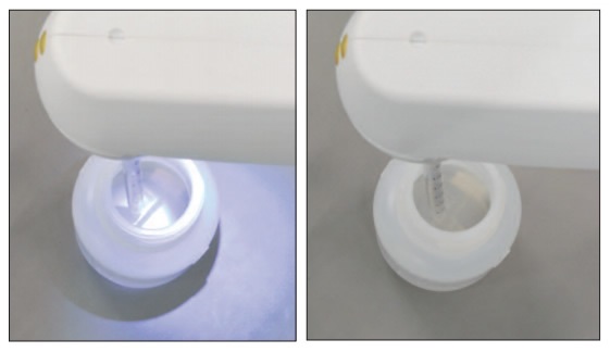 The PIPETBOY pro with the LED switched on (left) makes the bottom of the bottle clearly visible compared to the bottle that is not illuminated (right).