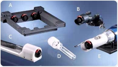 Bruker MMAB and adapters. (A) In-Vivo Xtreme I & II adapter. (B) SkyScan microCT adapter. (C) Albira II & Si PET/SPECT/CT adapter. (D) MMAB chamber. (E) ICON MRI adapter.