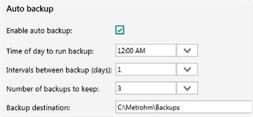 Auto backup settings. Backups are performed even if Vision Air Pharma is closed or users are logged off from the operating system.