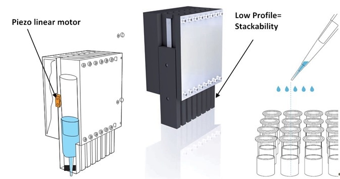 A compact piezo motor drives the pipetting mechanism. The low profile allows for stacking of multiple units. Miniaturization higher dosing precision is advantageous as liquid volumes fall and micro well counts go up.