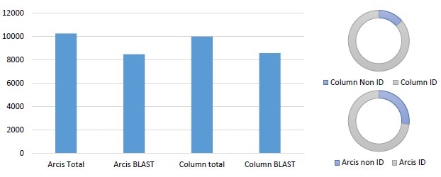 Similar performance observed between column extraction and Arcis extraction (E. coli spiked into blood). The graph shows the total number of sequences generated, and the number with valid BLAST returns. The pie charts indicate how many sequences match the target species within 95% or greater. Processing time for the column based kit was 60 minutes, processing time for the Arcis kit was 3 min.