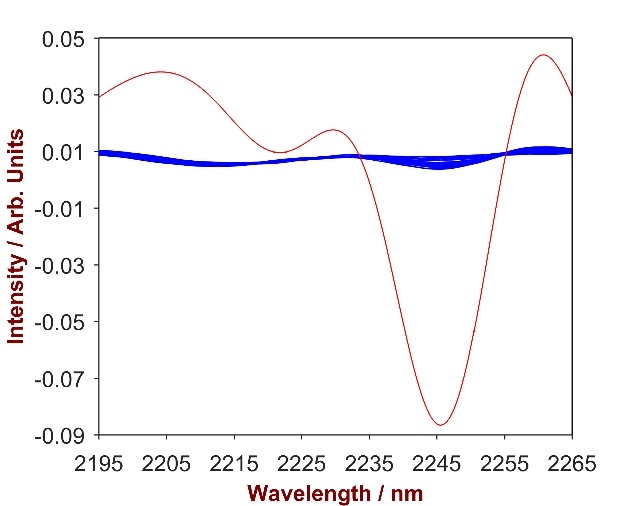 2nd derivative spectra of 11 CAPB-shampoo mixtures with CAPB concentration differing from 0.2%-1.7%% (blue). The overlay with pure CAPB (red) identifies the significant wavelength region of 2195 – 2265 nm