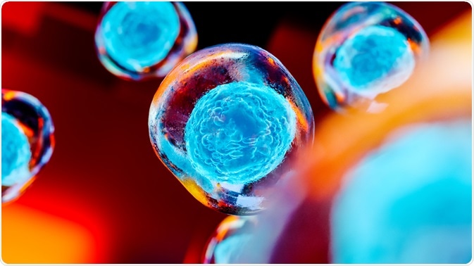 Abstract image of blue stem cells on yellow-red background.