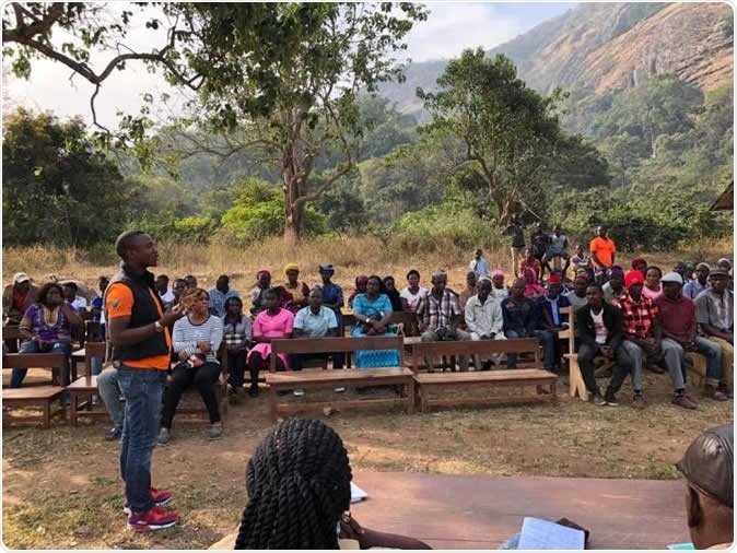Scientists have detected Marburg virus in fruit bats in Sierra Leone, marking the first time the deadly virus has been found in West Africa. Following discovery of the virus in bats in three districts of Sierra Leone, the PREDICT-USAID team worked with the Sierra Leone government to inform people about his new health risk. This photo shows a community meeting in Kakoya village, northern Sierra Leone. Image Credit: Brian Bird / UC Davis One Health Institute
