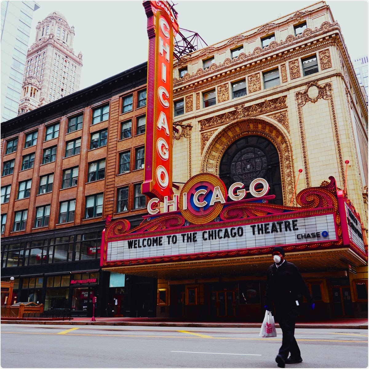 Chicago - April 4, 2020: Chicago theater building with a man wearing a mask walking by during the coronavirus pandemic. Image Credit: iwonder TV / Shutterstock.