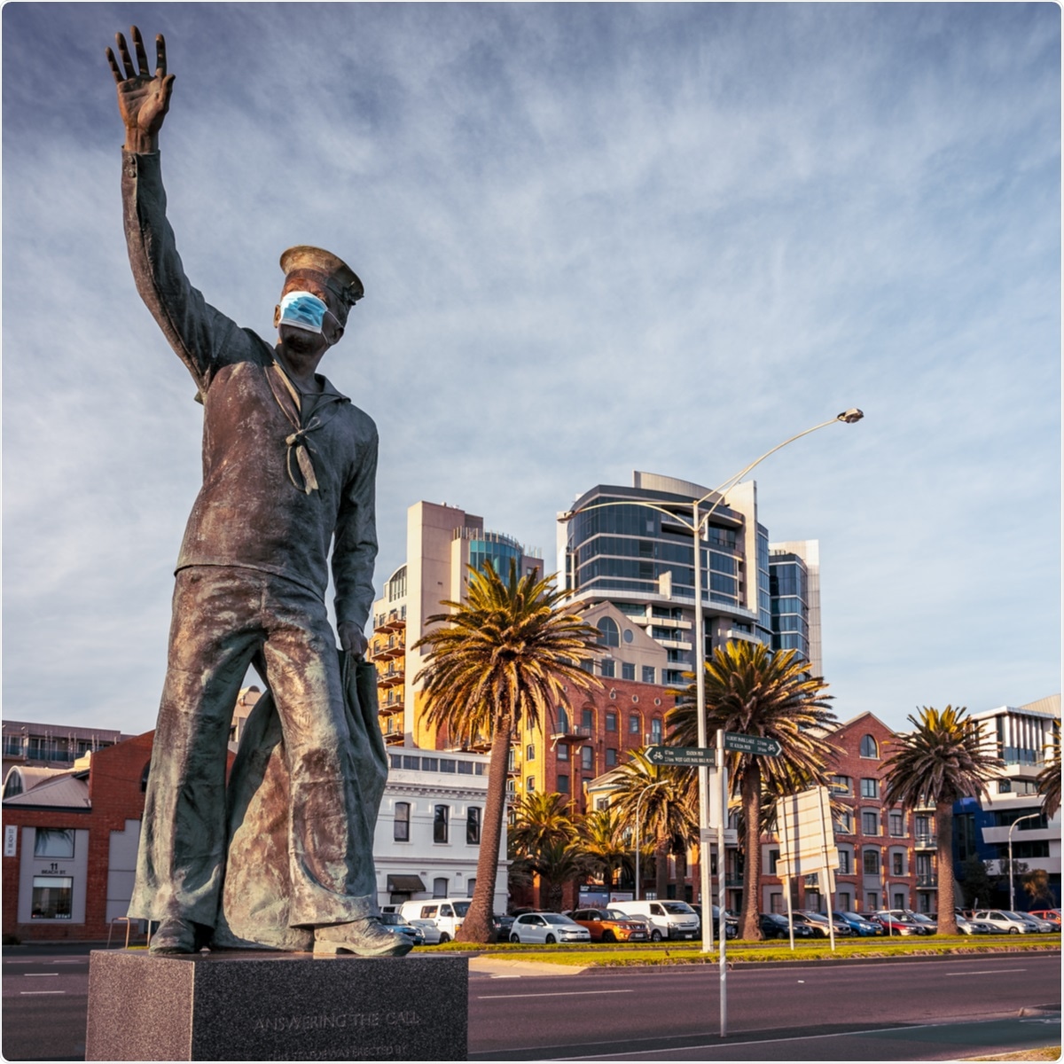 Melbourne, Australia - Jul 24, 2020: Statue in Port Melbourne with face mask on put on by pranksters, Melbourne VIC, Australia. Image Credit: Alex Cimbal / Shutterstock