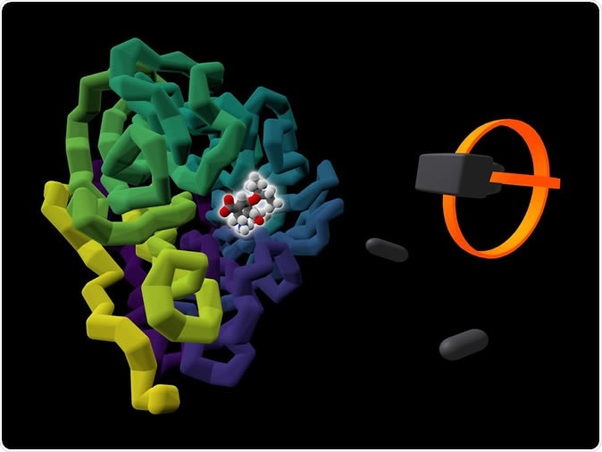 The commercially available influenza drug Tamiflu (highlighted by a glow) is shown bound to the viral protein it targets, neuraminidase (coloured in purple to yellow). A rendering of a user