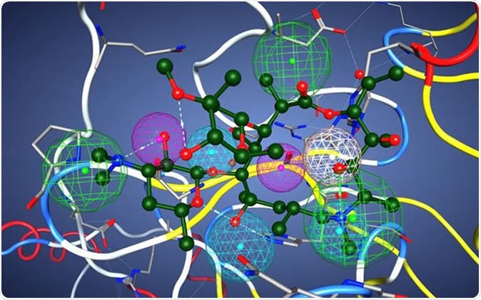 This image illustrates azithromycin in the pharmacophore model of a potential protease inhibitor. The model contains nine functional centers: two donors, two acceptors, one donor/acceptor center, and three hydrophobic centers. Credit: V. Kouznetsova, I. Tsigelny, D. Huang, San Diego Supercomputer Center/UC San Diego