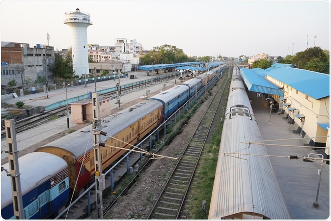AMRAVATI, MH, INDIA 22 MARCH 2020: Parked trains at Amravati railway station during curfew imposed as a preventive measure against the COVID-19, Appeal of Prime Minister Indi. Image Credit: CRS PHOTO / Shutterstock