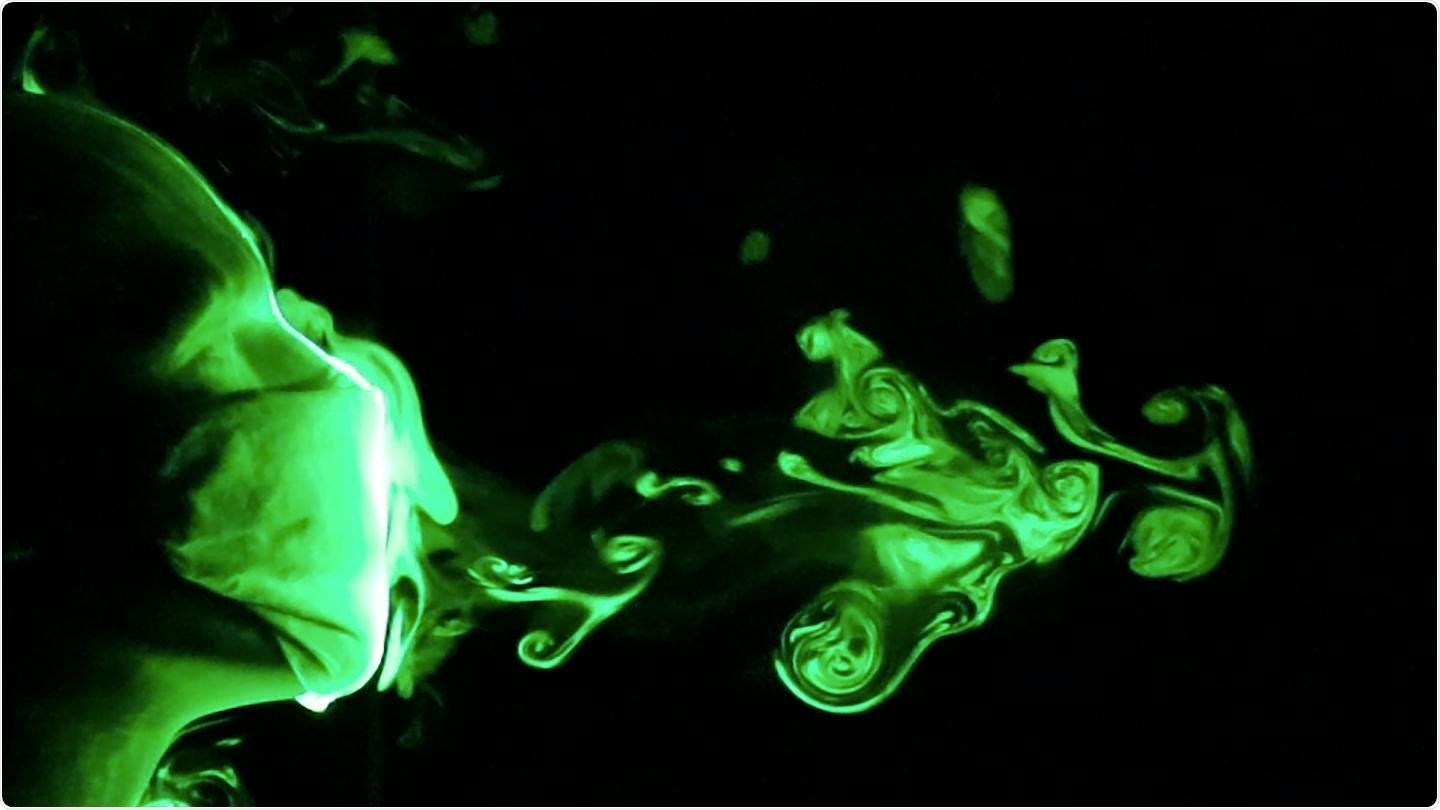 The smallest respiratory droplets leak through a face mask constructed using a folded handkerchief. Despite the leakage, the spread of the droplets is impeded considerably compared to no mask use.  Image Credit: Siddhartha Verma, Manhar R. Dhanak and John Frankenfield