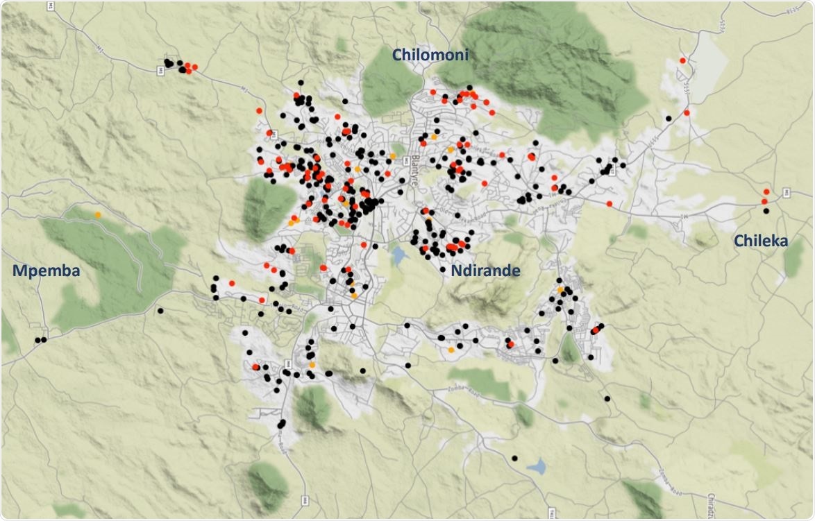 Map of Blantyre showing geospatial distribution of seropositive results using the low local assay cut-off, Black dot, negative; Red dot, positive; Orange dot, indeterminate