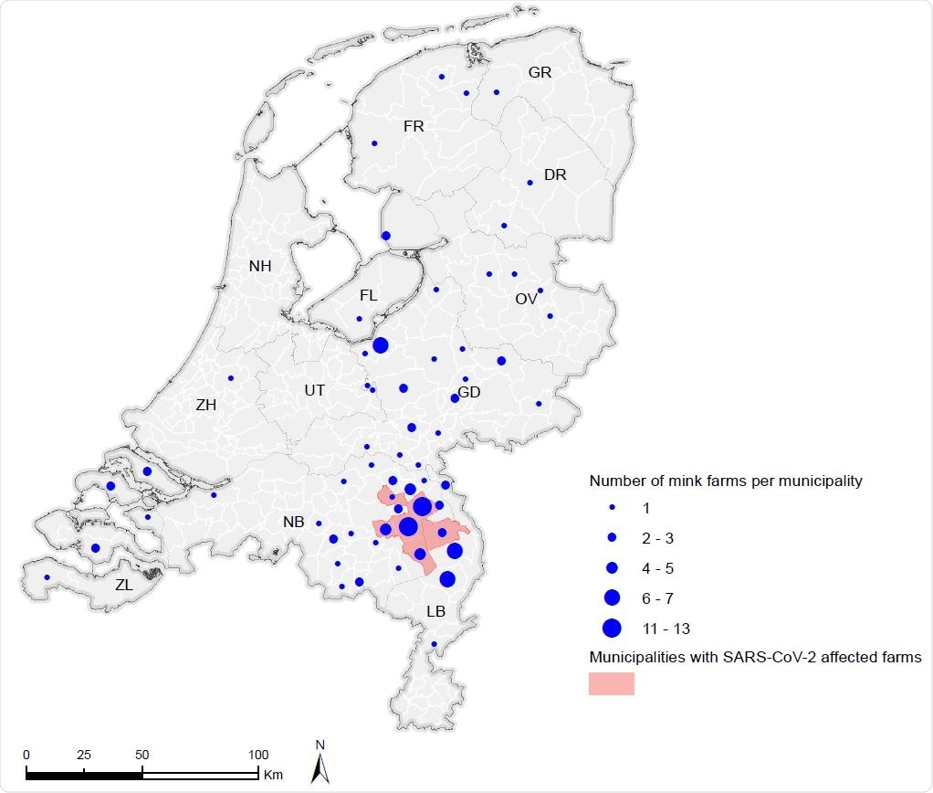 Number of mink farms per municipality in the Netherlands. Overview of the total number of mink farms per municipality (CBS, 2019). Municipalities with SARS-CoV-2 affected farms by June 21st 2020 are shown in red.