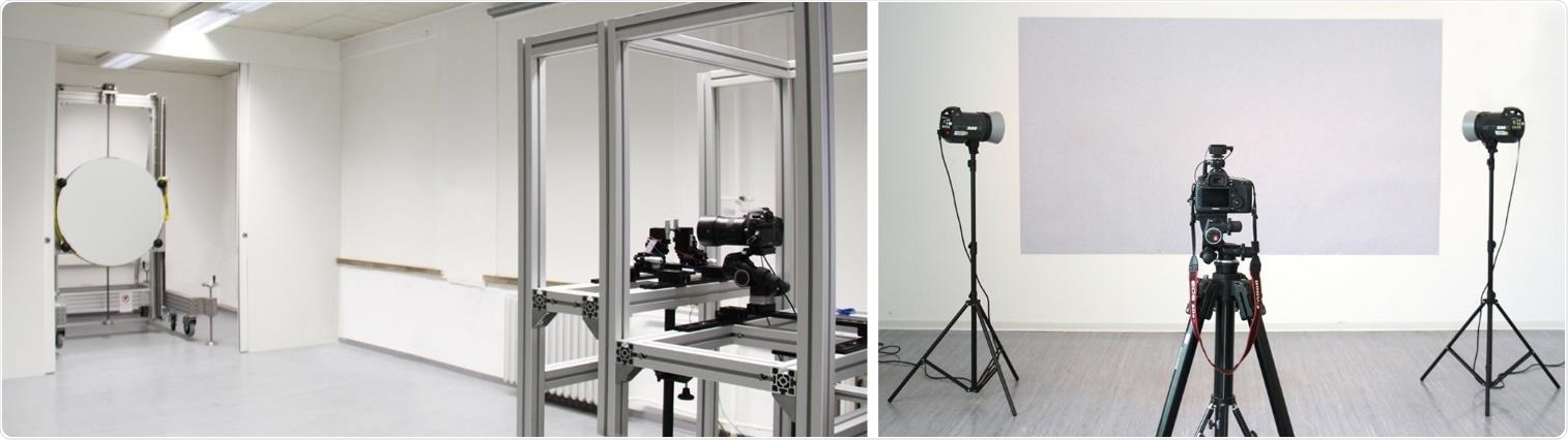 Setup of the single-mirror coincident schlieren system (left) and the BOS system (right) at the Department of Building Physics at the Bauhaus-University Weimar
