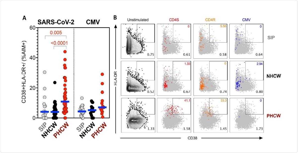Highest PHCW reactivity in CD4+ T cell responses associated with recent infection. (A) Recently activated SARS-CoV-2-specific CD4+ T cells were measured as percentage of CD38+/HLADR+ cells in AIM+ (OX40+CD137+) CD4+ T cells after stimulation of PBMCs with peptide pools encompassing a spike only (“S”) MP and MP representing all the proteome without spike (“CD4R”). Graphs show data for specific responses against SARS-CoV-2 (both “S” and “CD4R”) the ubiquitous pathogen CMV of responses with SI>2. Each dot represents the response of an individual subject to an individual pool. Geometric mean for the 3 different groups is shown. Non-parametric Kruskal-Wallis multiple comparison test was applied. P values are shown for the statistical significant comparisons. “SIP” = Shelter In Place community volunteers (n=20). “NHCW” = SeroNegative Health Care Workers (n=33). “PHCW” = Antibody or PCR Positive Health Care Workers (n=39). (B) Representative FACS plots of HLA-DR/CD38+ cells in AIM+ (OX40+CD137+) CD4+ T cells (colored) overlapped with total HLA-DR/CD38 expression (grey) for all the cohorts in the different unstimulated or stimulated conditions. Cell frequency of HLADR/ CD38+ in AIM+ cells or total CD4+ T cells is indicated on the top and bottom right corner respectively.