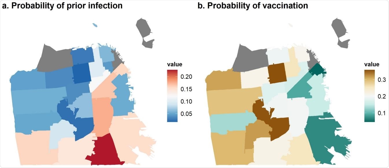 Map of geographic disparities in SARS-CoV-2 showing the estimated probability of (a) prior infection and (b) vaccination by ZIP code in San Francisco, as of February 2021.