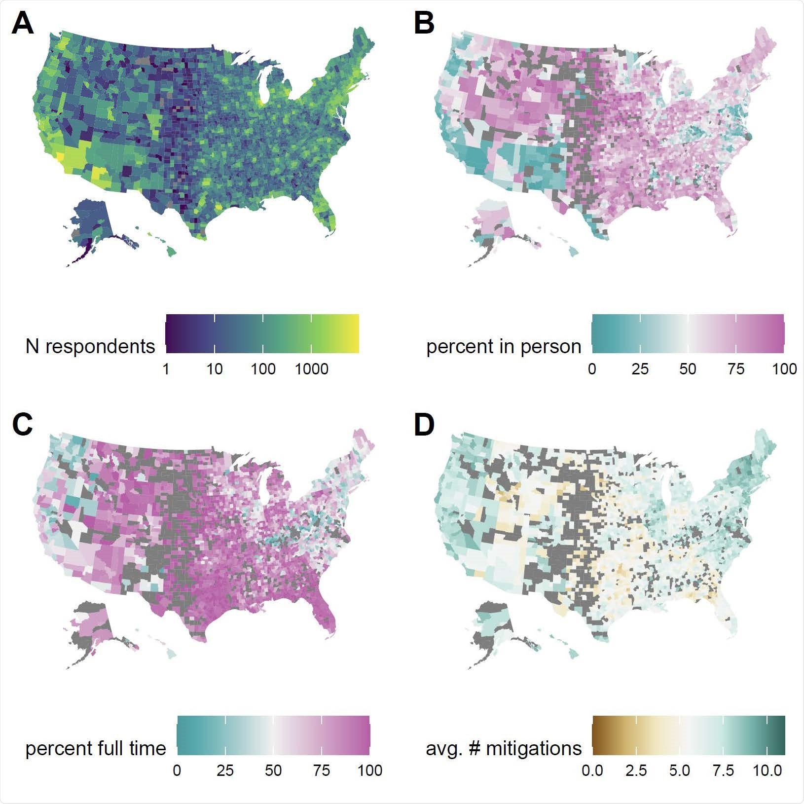 Spatial distribution of survey responses. (A) Number of survey respondents reporting a school age student in the household by county. (B) Percentage of households with school age children reporting any in-person schooling by county, excluding counties with fewer than 10 responses (excluded counties in dark grey). (C) Percentage of households with a child in in-person schooling reporting full-time in-person schooling, excluding counties with fewer than 10 reporting in-person schooling, (D) Average number of school-based mitigation measures reported for children with in-person schooling, excluding counties with fewer than 10 reporting in-person schooling.