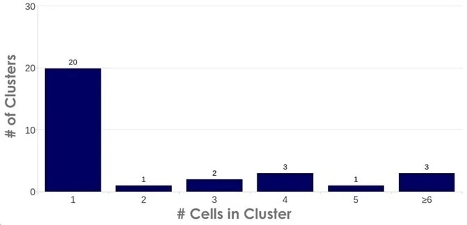 Count cluster data from the CellDrop. When CellDrop counts cells/nuclei it also analyzes the result for clusters of objects. The software allows the user to visualize the cluster size and the frequency of up to six different cluster sizes for each count on the device.