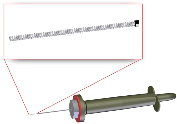 Custodion® Coiled Microextraction (CME) syringe with an extended coiled wire.