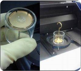 The lens is centered on a diffuse gold reflector in a transflection vessel.