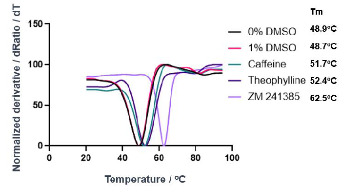 NanoDSF data for A2aR protein samples in the presence and absence of tool compounds
