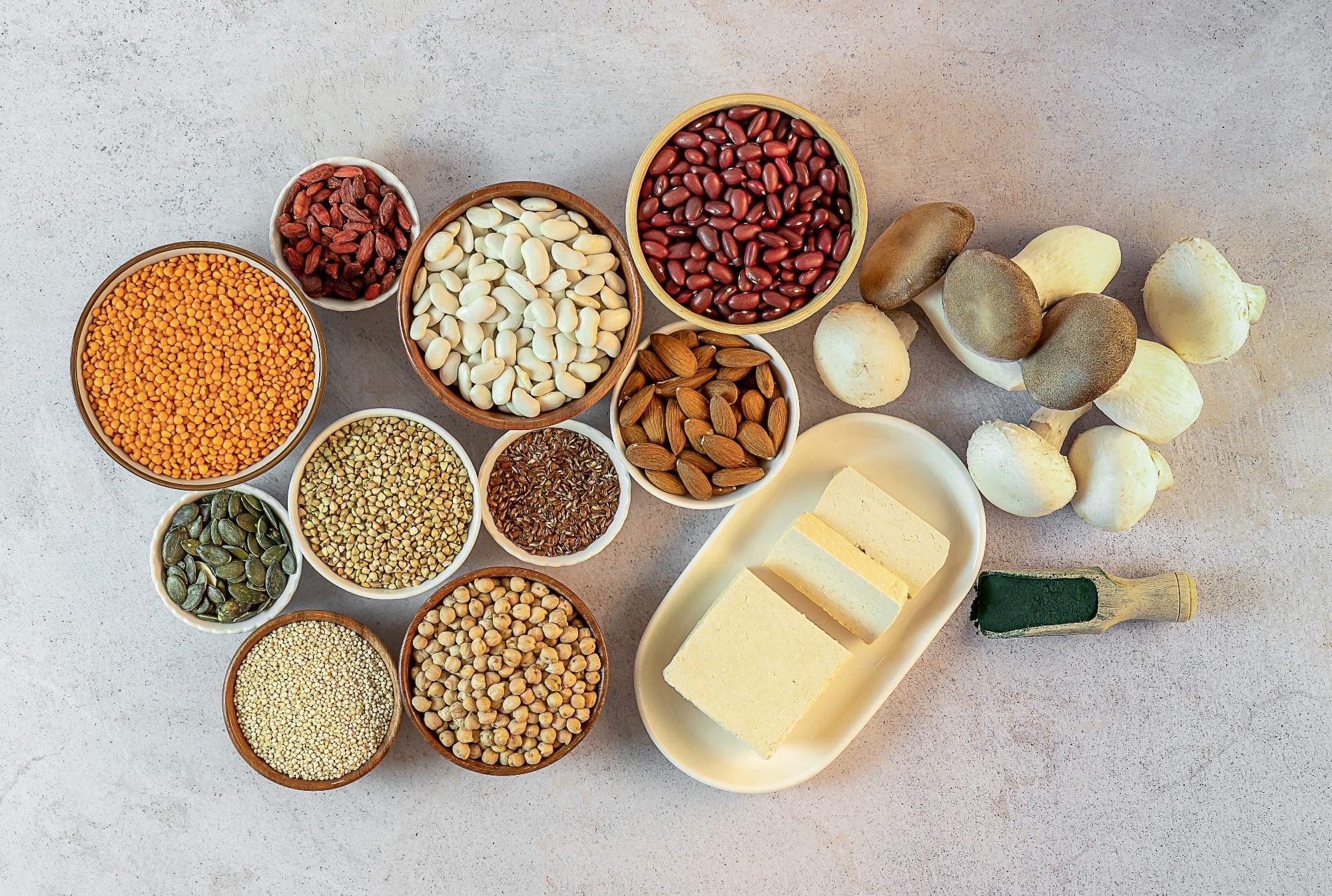 Plant-based healthy protein food for vegetarians and vegans. Alternative sources are pulses, beans, quinoa, nuts, seeds, spirulina, and mushrooms. Image Credit: Jane Vershinin / Shutterstock