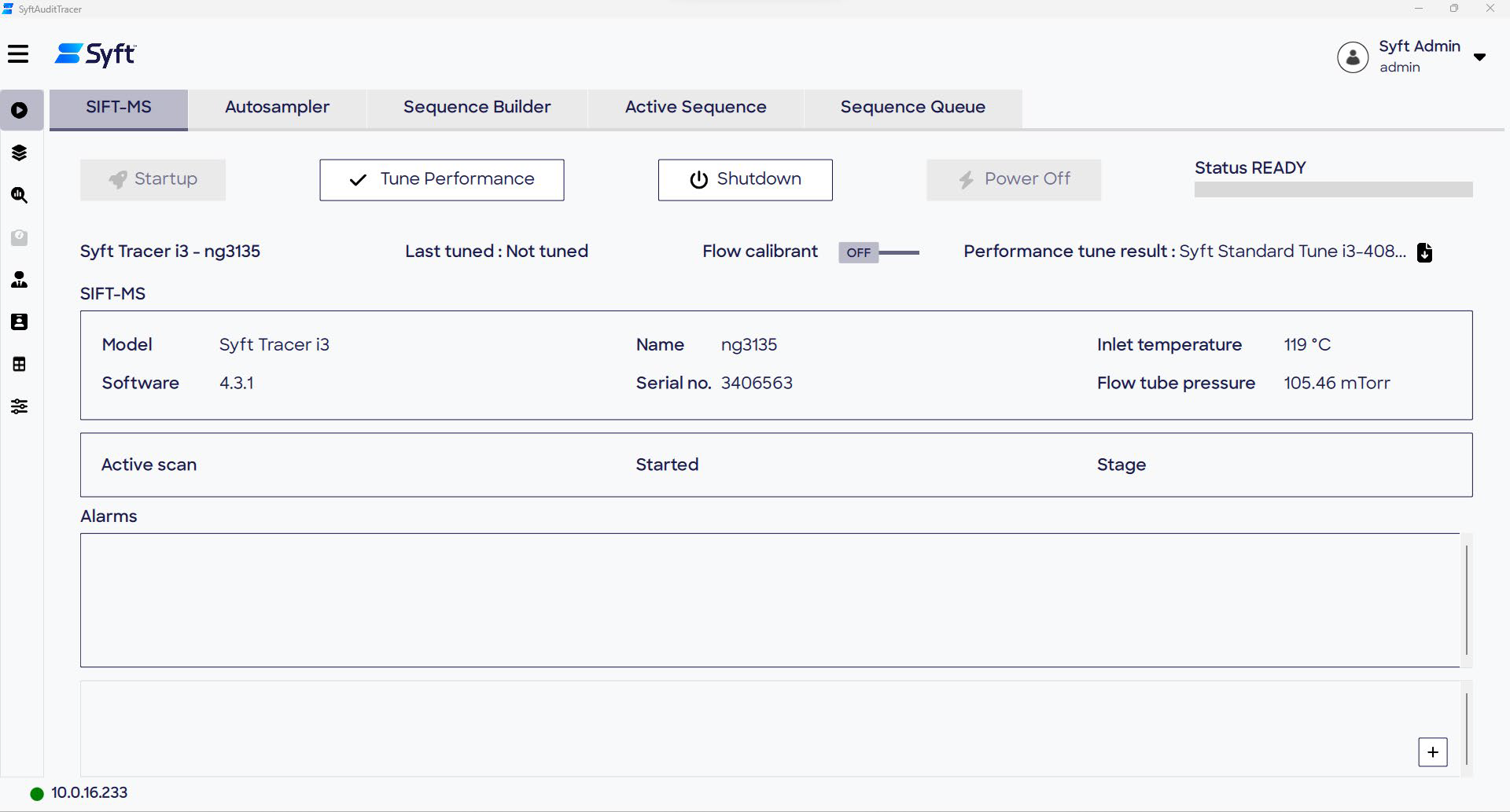 Instrument status information can be viewed on the SIFT-MS and Autosampler tabs of the Run page