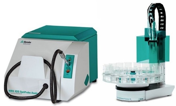 The NIRS XDS OptiProbe Analyzer and the 815 Robotic Sample Processor.