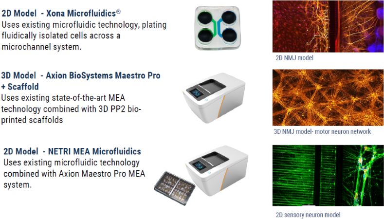 Overview of MPS platforms we currently use: 2D models using standard microfluidic commercial devices, 3D MEA using Axol Bioscience’s proprietary cell scaffold in combination with the Axion Maestro Pro MEA system, and 2D MEA, using the NETRI NeurofluidicsTM DuaLink device with the Axion Maestro Pro MEA system