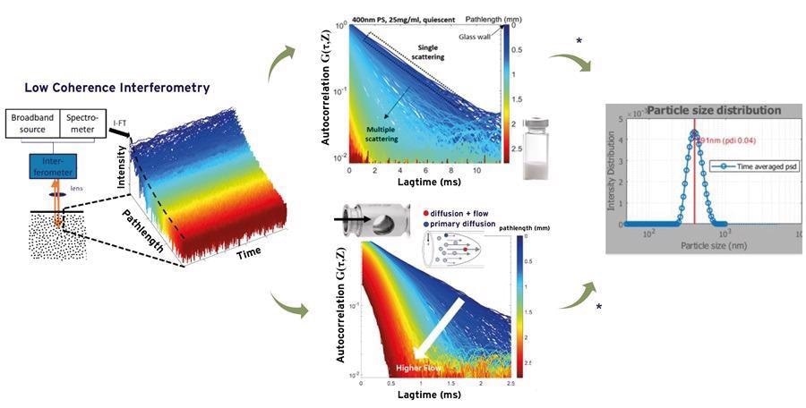 Measured depth resolved intensity fluctuations and the patented analysis methods of the NanoFlowSizer provide particle size characteristics for turbid and flowing suspensions. Upper middle part shows single and multiple scattering regimes; the latter are effectively filtered using the NFS algorithms. Lower middle part shows impact of flow on the correlation functions, from which the Brownian motion component and the flow can be analyzed.