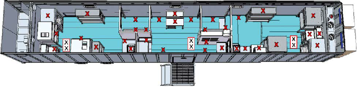 Location of BIs throughout the trailer (boxed X’s were above ceiling panels)