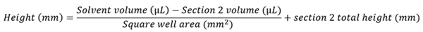 Shows how the solvent height was calculated for solvent volumes of greater than 150 μL