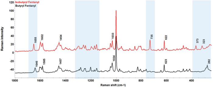 Raman spectra of butryl fentanyl and isobutryl fentanyl in the spectral range of 250–1800 cm<sup>-1</sup>. The shaded region in blue color highlights the spectral difference between the two compounds