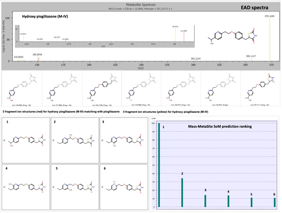 EAD spectra for the hydroxy pioglitazone metabolite at retention time 3.77 minutes with fragment ion matches for structures predicted by Mass-MetaSite software and SoM prioritization ranking. Product ion matches with pioglitazone are displayed in red and metabolite-specific matches are indicated in yellow. The SoM prioritization ranking indicated the highest probability match for hydroxy pioglitazone (M-IV)