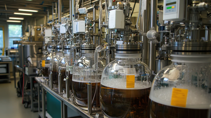 Laboratory with multiple large glass vials containing dark liquids.