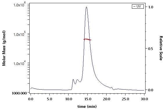 The purity of Human TL1A, His Tag (Cat. No. TLA-H5243) is more than 85 % and the molecular weight of this protein is around 75-95 kDa verified by SEC-MALS
