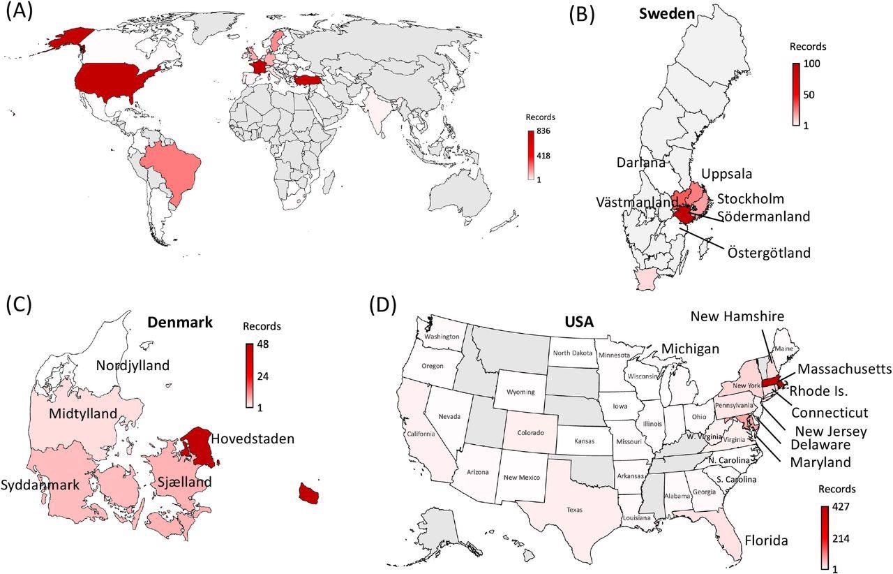 World map depicting the 65 countries where SARS-CoV-2 variants containing the cooccurring MOCI were recorded between October 2020 and October 2021. (A) world map, with zoomed in view of the regions observed with MOCI shown for (B) Sweden (C) Denmark and (D) USA. Countries are color-coded based on the number of records of MOCI observed, as shown in the legend, with greyed out regions indicating no observations. For some countries such as Turkey, region/city-level information was not available, but EP _ISL numbers can be provided upon request.