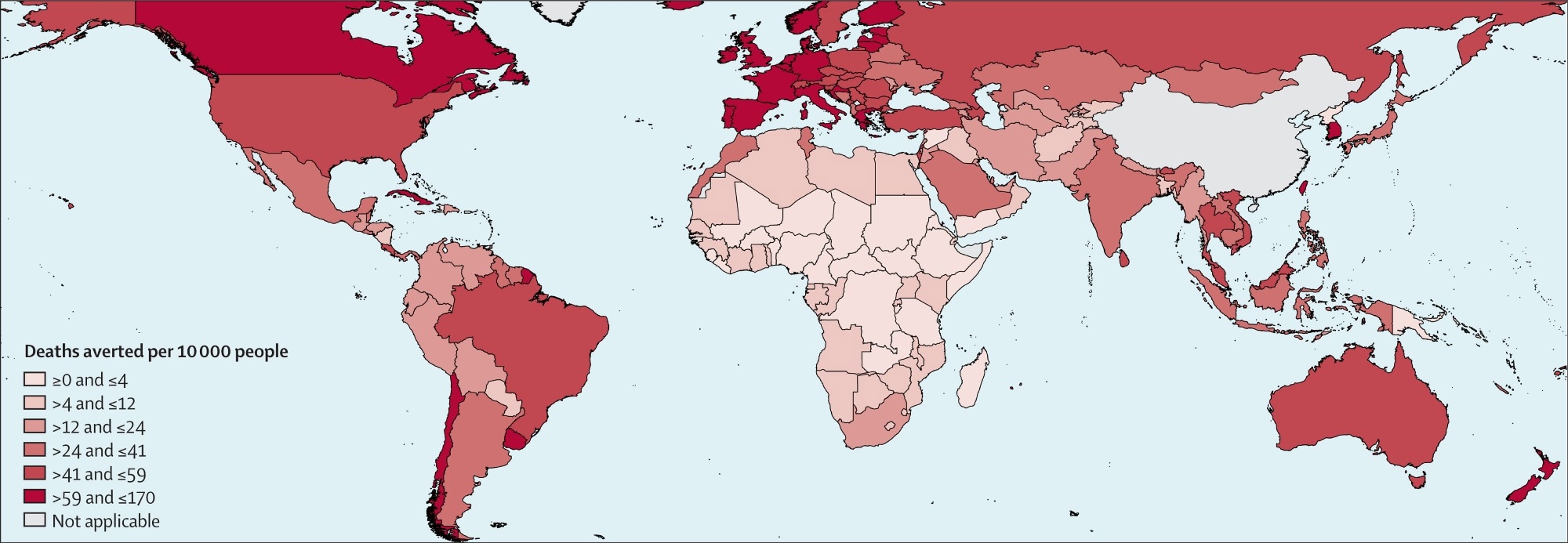 Median deaths averted by vaccinations per 10 000 people by country in the first year of COVID-19 vaccination Estimates of deaths averted were based on model fits to excess mortality and were binned within seven equal quantiles starting at 0 deaths averted. Deaths averted listed as not applicable for China because of its exclusion from our analysis, due to its unique position as the origin of the detected epidemic and large influence on estimates of deaths averted stemming from its population size.