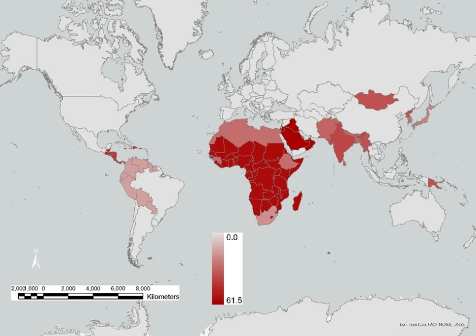 Persons with severe food insecurity by region in 2050 relative to 2020 (% population range). Model output; maps generated using ArcGIS Pro 3.3 (https://www.esri.com). Study: Global impacts of heat and water stress on food production and severe food insecurity.