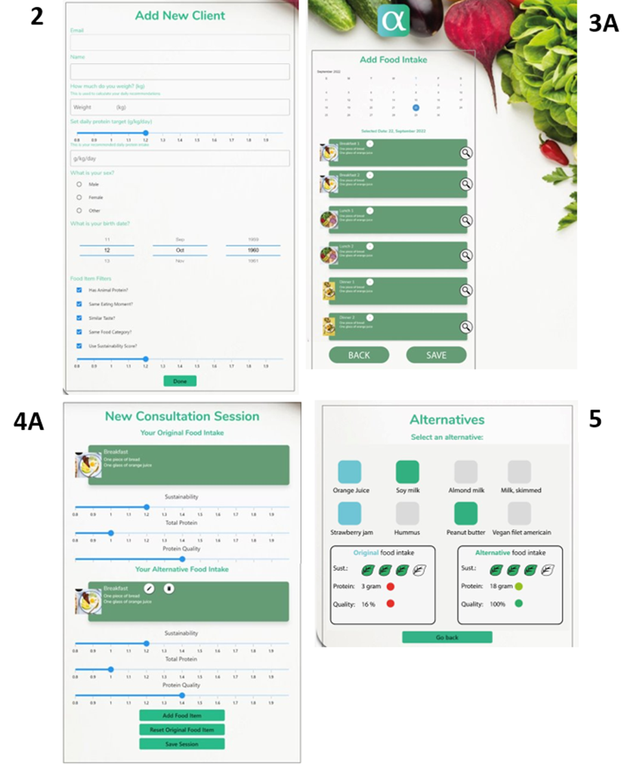 Screenshot 2: add new client, 3A: add food intake, 4A: new consultation session, and 5: alternatives; all used in the cognitive walkthrough. Screenshot 2 shows how to add a new client with client details; screenshot 3A shows how to add a new product separated by meal moments; screenshot 4A shows the feedback that is given on the original and alternative food intake on sustainability, protein intake, and protein quality; screenshot 5 is the screenshot where alternatives (green) can be chosen for the original products (blue).