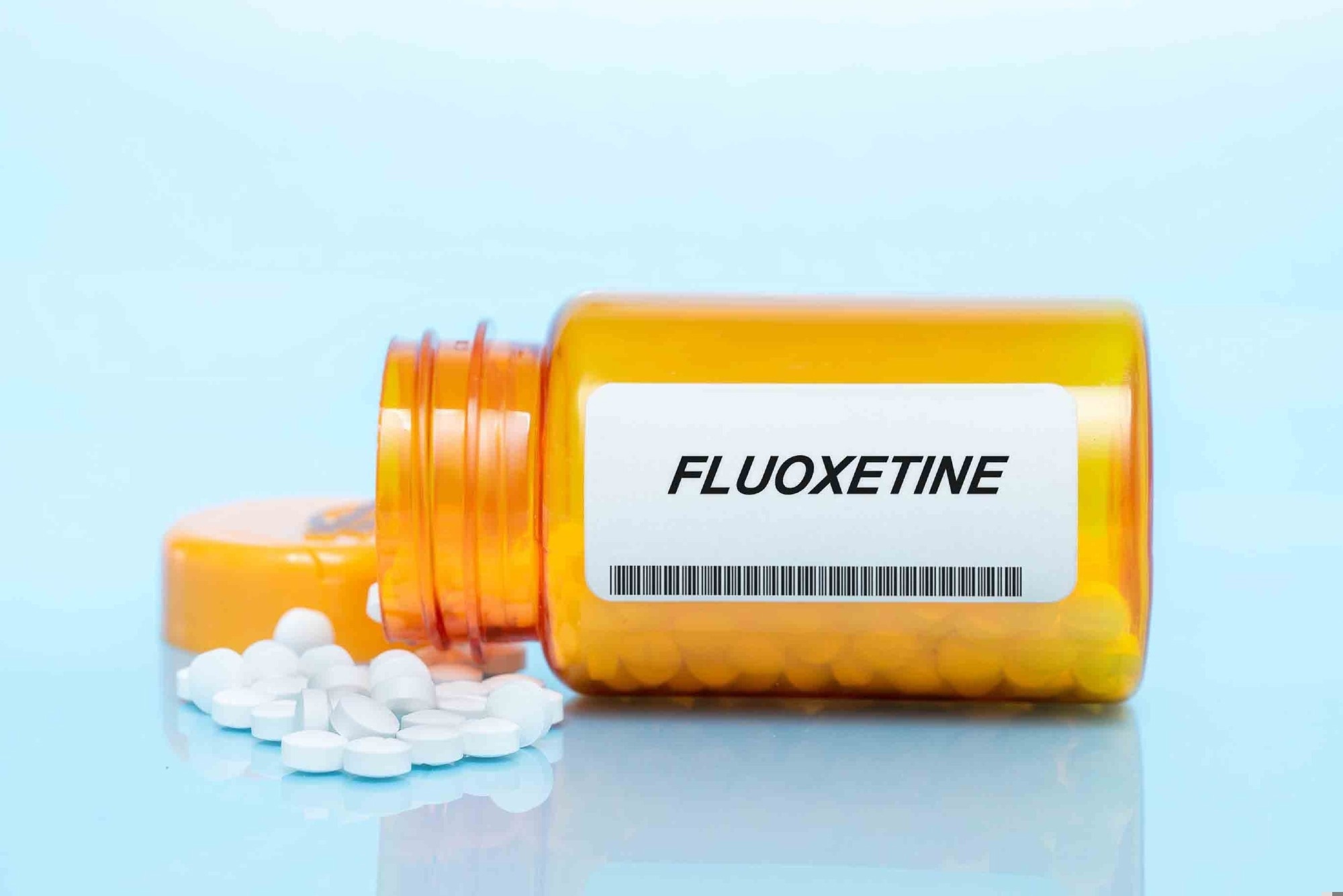 Fluoxetine Drug In Prescription Medication Pills Bottle.