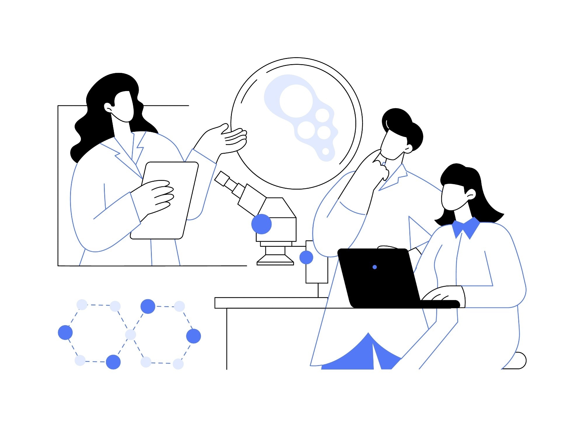 Biomedical engineering isolated cartoon vector illustrations. Smiling biomedical engineering professor counselling his masters students with theory, doing chemical analysis vector cartoon.