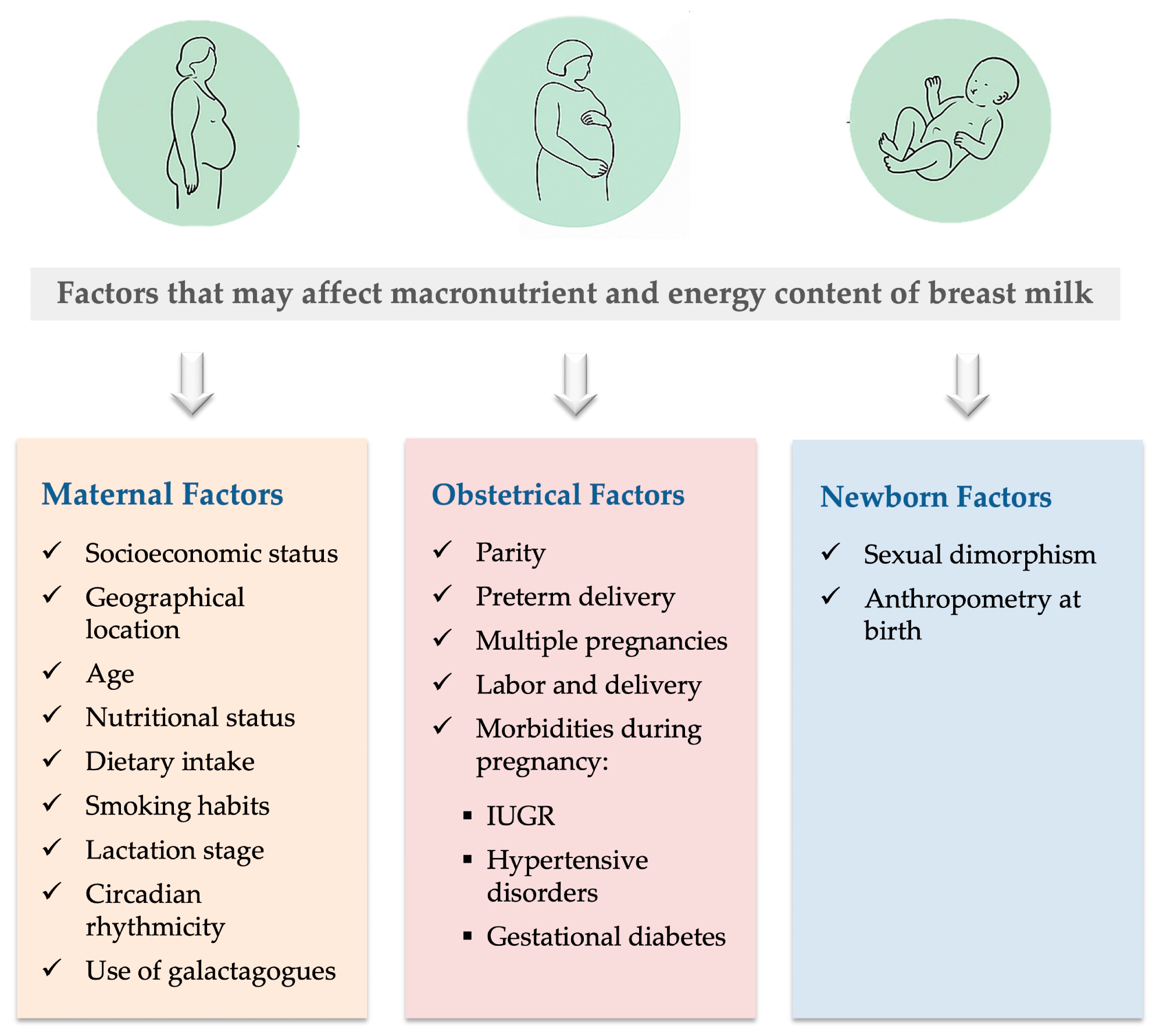 Diagram of factors that may affect macronutrient and energy content of breast milk. Abbreviation: IUGR, intrauterine growth restriction. Factors That May Affect Breast Milk Macronutrient and Energy Content: A Critical Review