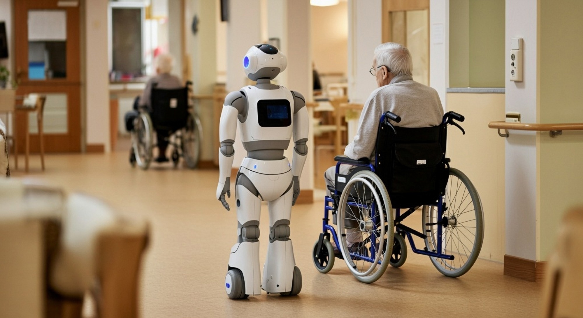 ai robot walking by the side of elderly person in wheelchair
