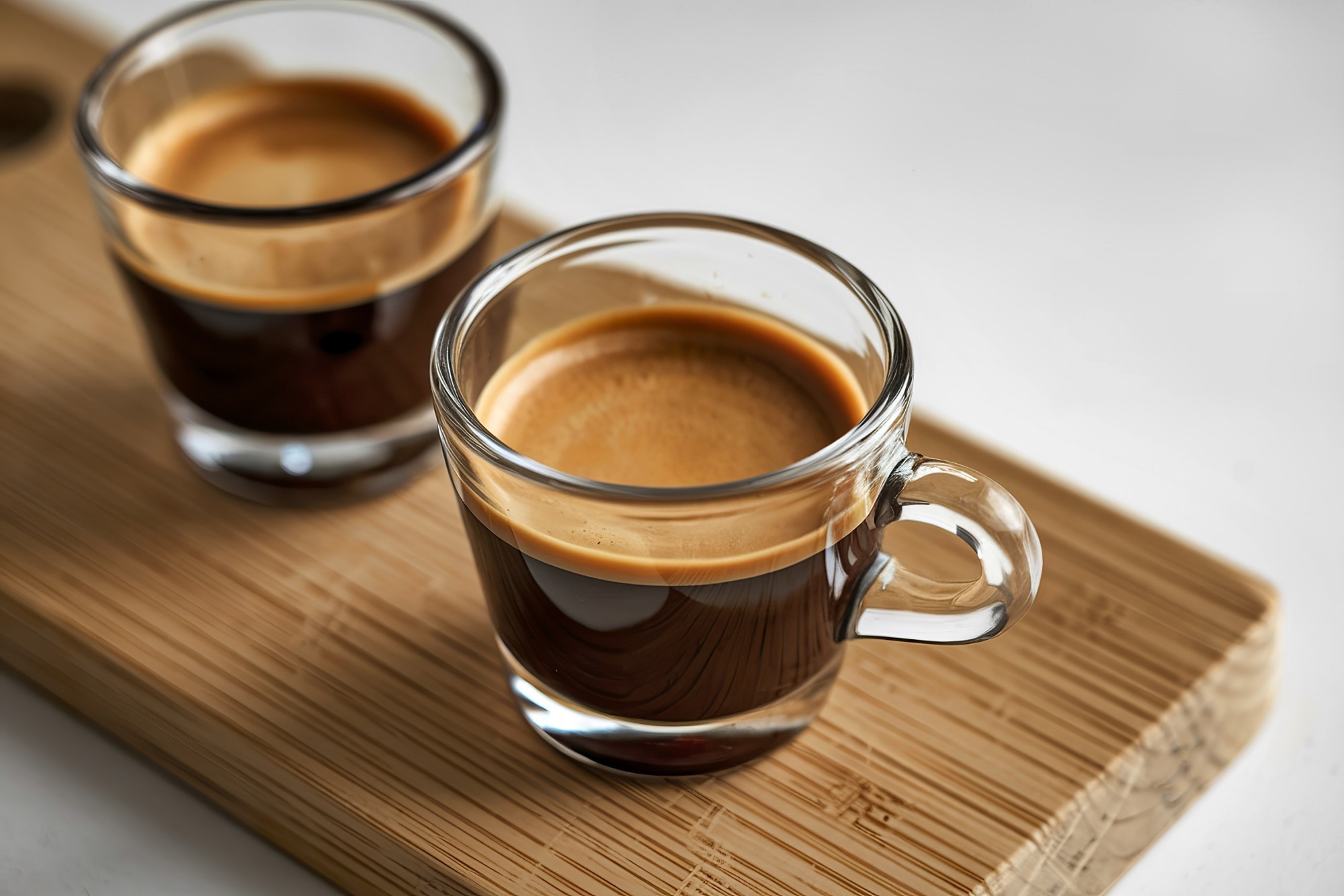 a closeup detail view of two espresso shot glasses filled with coffee